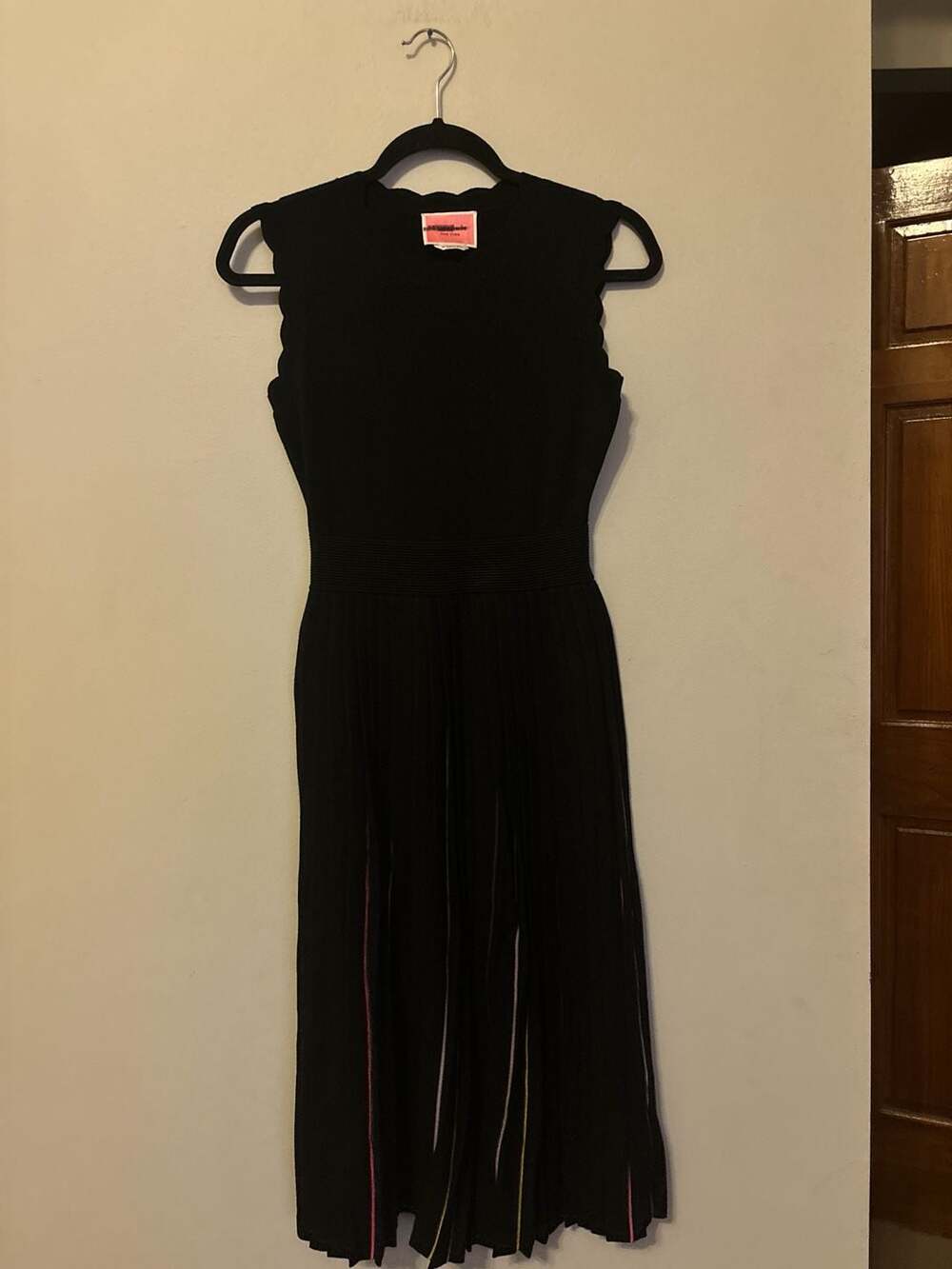 Kate Spade Black Scalloped Sleeveless Pleated Rainbow Stripe Knit Sweater Dress